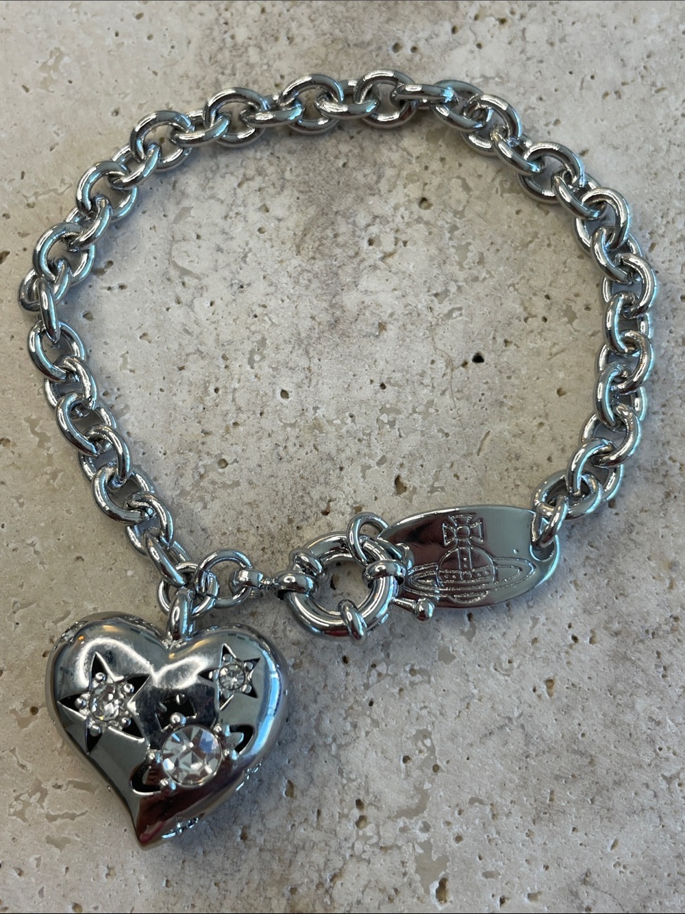 Vivienne Westwood Silver Heart Charm Bracelet with Crystal Stars